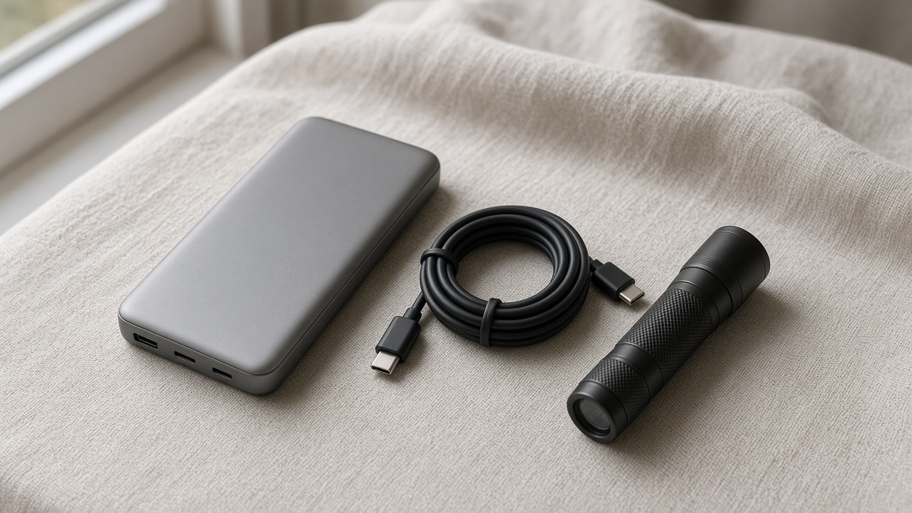 A charger and coiled cable on linen
