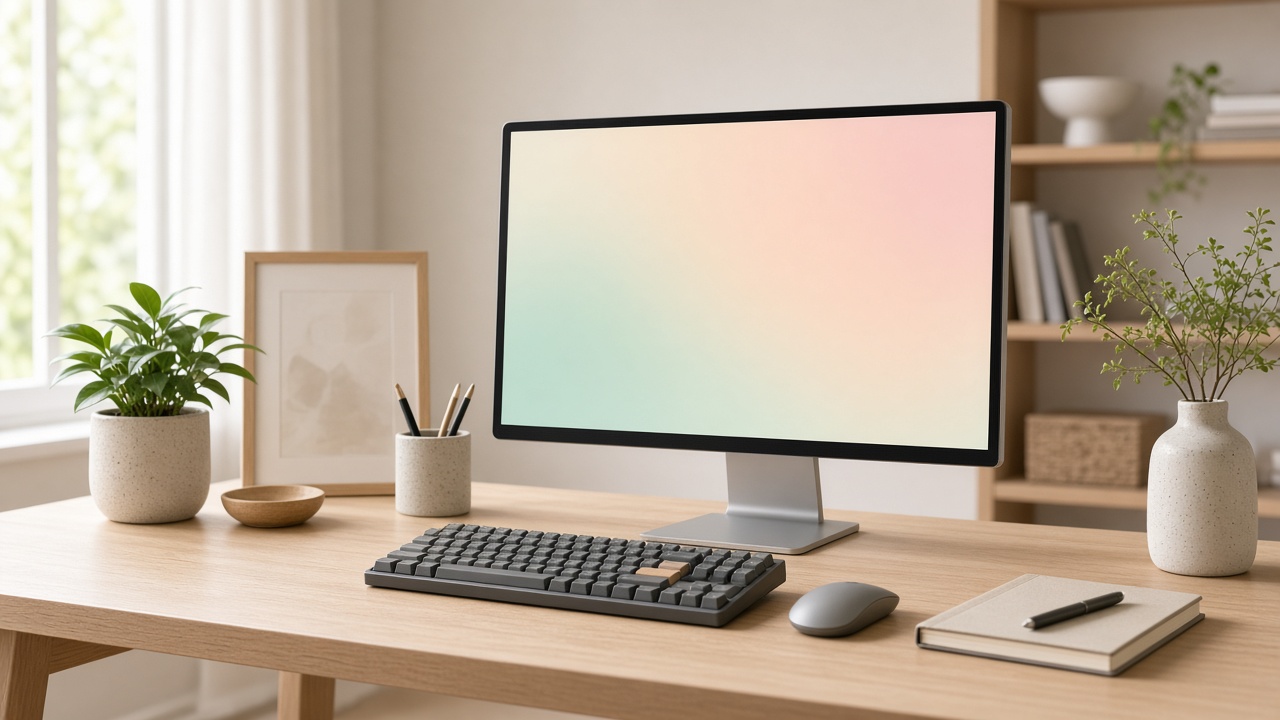 A bright desk with a monitor and keyboard