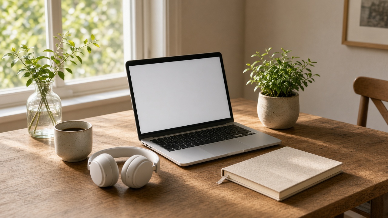 Sunlit wooden desk with a laptop, headphones, and plants